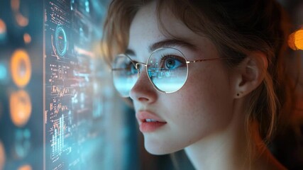 Young woman in glasses observes digital data display in a futuristic setting at night - Powered by Adobe