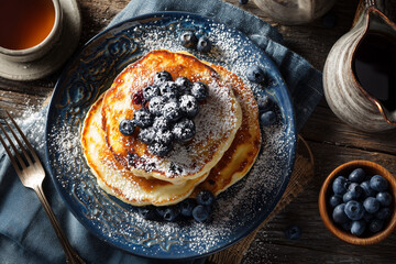 Stack of fluffy pancakes topped with blueberries and powdered sugar, served with syrup on a ceramic plate for warm, inviting breakfast imagery.