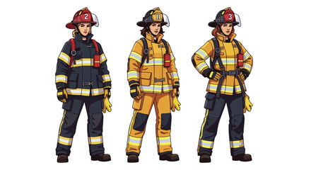 Set of vector illustrations of female firefighters in strong emergency poses, perfect for safety education, rescue training, and fire service promotional materials