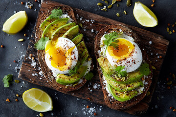 Sourdough toast topped with sliced avocado, poached eggs, herbs, and seasoning, photographed on a rustic board for fresh, modern breakfast presentation.