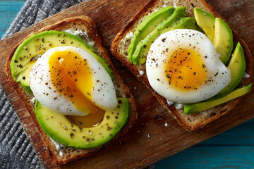 Avocado toast topped with soft poached eggs and black pepper on sourdough slices, photographed in bright natural light for simple breakfast visuals.