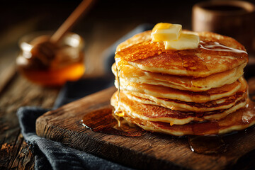 Tall stack of golden pancakes topped with melting butter and drizzled syrup, photographed in warm natural light for rich, appetizing breakfast imagery.