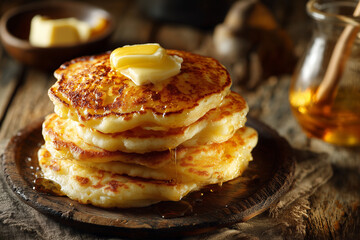 Stack of fluffy golden pancakes topped with butter and dripping syrup, styled on a rustic wooden board for cozy, warm breakfast presentation.