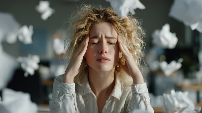 Overwhelmed businesswoman suffering from a stress headache at her office desk, surrounded by flying, crumpled papers, depicting burnout, pressure, and high workload.