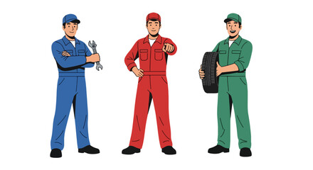 Set of vector illustrations of male mechanics in professional workshop poses, ideal for automotive service branding, repair marketing, and technical education