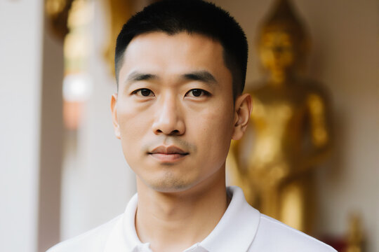 A serious Fashion Portrait features an East Asian man in a white polo shirt standing near a golden statue inside a temple structure.