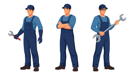 Set of vector illustrations of male mechanics in professional workshop poses, ideal for automotive service branding, repair marketing, and technical education