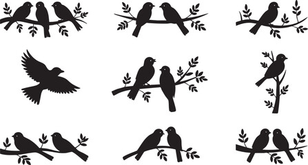 Collection of Silhouette Bird Illustrations on Branches in Various Poses