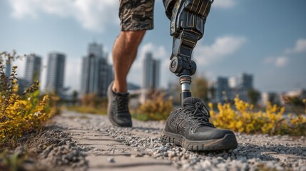 Low-angle close-up of a determined young man with a modern, high-tech prosthetic running blade, jogging on a gravel path in a park with a city skyline in the background.