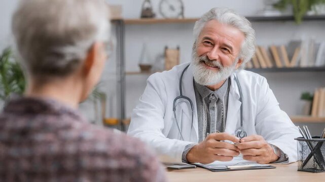 Smiling doctor consulting with a senior patient in a medical office setting