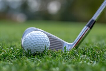 Detailed Shot of Golf Ball Next to Club on Course Turf