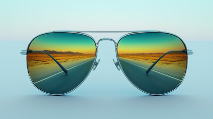 Aviator sunglasses showing a desert highway reflection at sunset