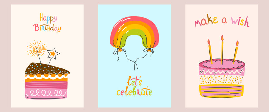Set of Birthday lovely greeting card with rainbow-balloon, Birthday cake with candles and piece of cake with sparkler