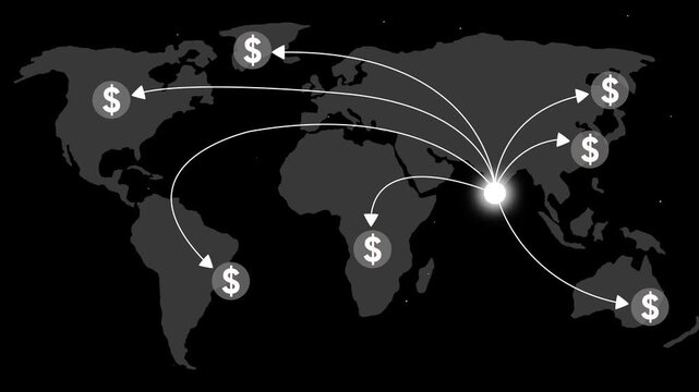 World Map Showing Global Connections with Dollar Signs in Grayscale