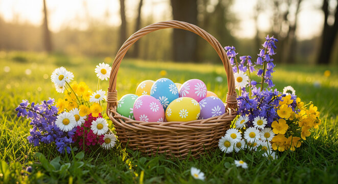 easter eggs in a basket with flowers