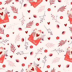Hand drawn vector pattern with cute envelope with flowers and herbs in flat doodle style. Valentine vector background for textile and paper. Love mail wallpapers in cartoon stylisation