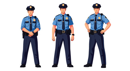 Set of vector illustrations of male police officers in strong duty poses, ideal for law enforcement training, safety education, and public service materials