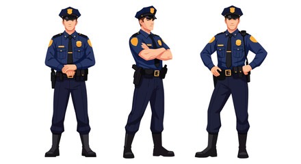 Set of vector illustrations of male police officers in strong duty poses, ideal for law enforcement training, safety education, and public service materials