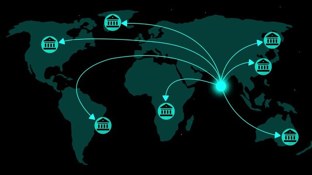 World map with teal bank icons and connecting arrows