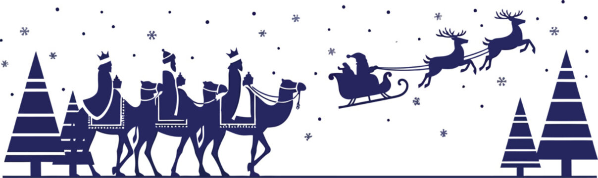 Christmas scene silhouette of three wise men on camels and santa claus sleigh