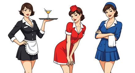 Set of vector illustrations of female waitresses in various service poses, perfect for cafe branding, hospitality materials, menus, and customer-friendly marketing
