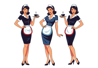 Set of vector illustrations of female waitresses in various service poses, perfect for cafe branding, hospitality materials, menus, and customer-friendly marketing