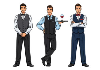 Set of vector illustrations of male waiters in professional service poses, ideal for restaurant branding, hospitality training, menus, and customer service marketing