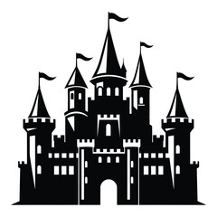 Obraz premium Magnificent medieval castle with turrets and flags in silhouette design