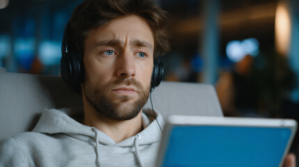 Young Caucasian man sitting in an airport lounge, wearing headphones and looking at tablet screen. Tired traveler waiting for flight