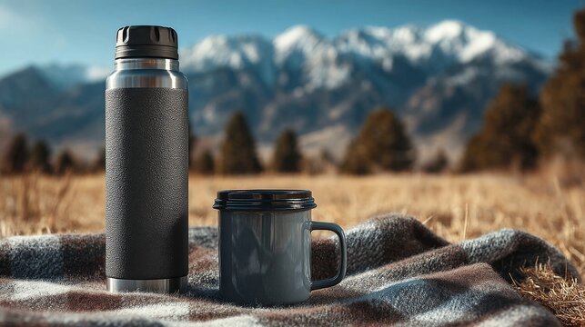 Insulated thermos and enamel camping mug on a blanket in a field, with majestic, snow-capped mountains and trees blurred in the sunny background.