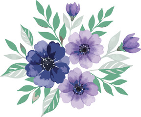 Delicate watercolor floral arrangement with purple and blue flowers and green leaves