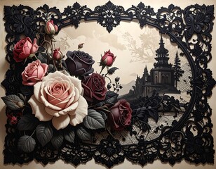 Elegant floral arrangement with vintage black lace frame and gothic castle backdrop