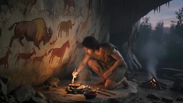 Early human artist creating a large mural of animals on a rock wall. Prehistoric life during the Stone Age depicted in cave paintings. Ancient storytelling. Subtle camera tilt and pan.