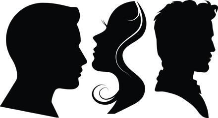 Three diverse silhouettes of male and female profiles facing right