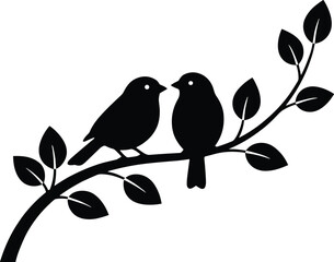 Birds on leafy branch, nature silhouette, peaceful scene, black vector design, love and connection, decorative art, flat vector illustration