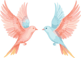Colorful birds in flight, symmetrical composition, pink and blue feathers, vibrant artwork, decorative avian design, flat vector illustration, nature theme