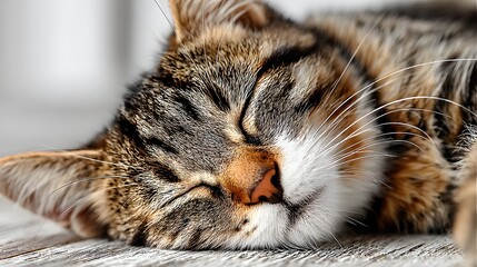 Cat is sleeping on a wooden floor. The cat is curled up and has its eyes closed. The cat is in a relaxed state, and the image conveys a sense of calmness and peacefulness