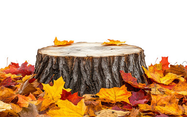 Artistic scene of vibrant autumn foliage framing a rustic tree stump in a peaceful outdoor setting isolated on transparent background PNG