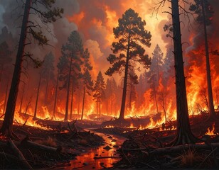 Devastating wildfire ravages a forest landscape with intense flames and smoke