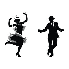 Black silhouette of a flapper woman dancing and a man in a suit and fedora vector