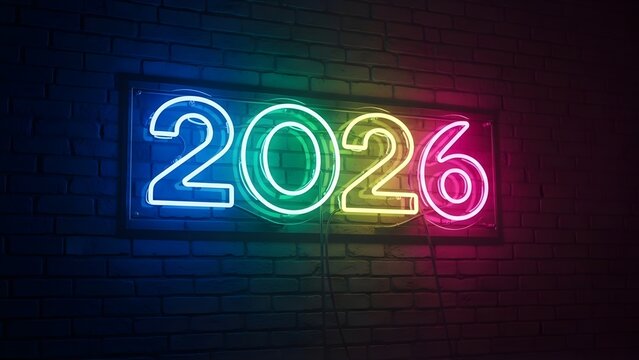 Vibrant 2026 neon sign lighting up a dark brick wall. Multicolored glowing numbers symbolizing the start of a new year, celebration, party, future, technology, and bright success.
