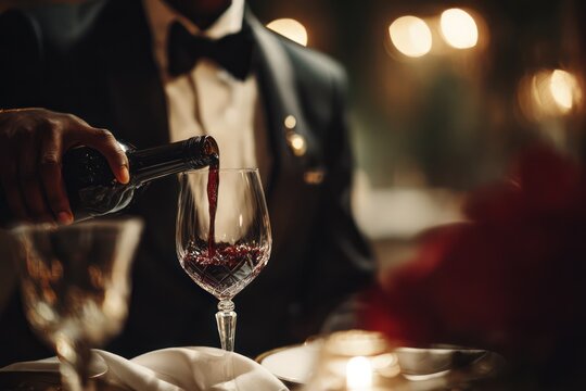 Sommelier Pouring Fine Red Wine into Crystal Glass