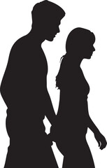 Young couple in black silhouette walks together, gently holding hands on a transparent background