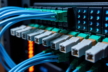 close-up view of a network switch in a server rack, with multiple blue ethernet cables plugged into the glowing green ports for data transmission
