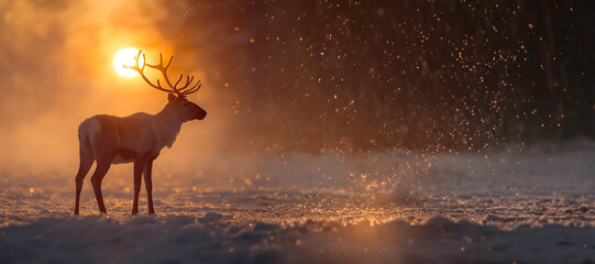 Christmas Wildlife - Majestic Reindeer Stag Silhouette in Golden Winter Sunset. Epic Nature Scene with Snow and Warm Light. Perfect Background for Holiday Season and Adventure Themes.