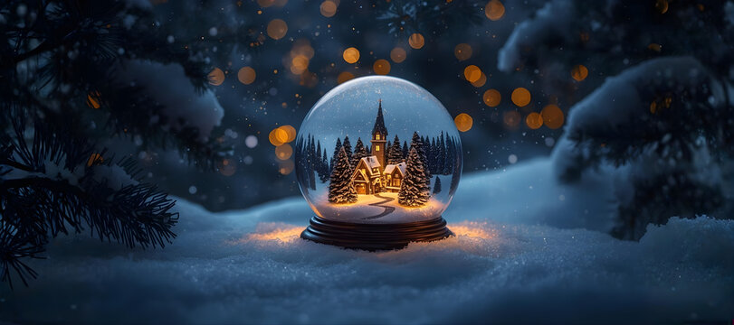 Christmas Background Magic - Enchanted Snow Globe with Miniature Church and Pine Trees on Snow. Illuminated Night Scene for Winter Holiday Decoration and Greeting Card Design.