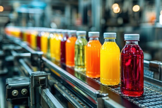 Colorful Juice Bottles on Production Line Conveyor Belt