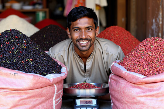 happy and friendly male South Asian spice vendor, smiling in his market stall while surrounded by large sacks of colorful beans and spices
