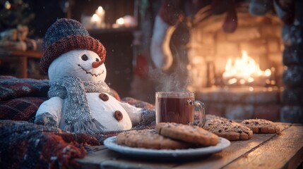 Whimsical Snowman Enjoying Holiday Warmth by the Fire