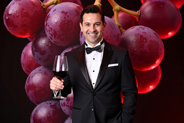 happy and elegant man in a tuxedo, smiling while holding a glass of red wine, superimposed over a background of lush red grapes